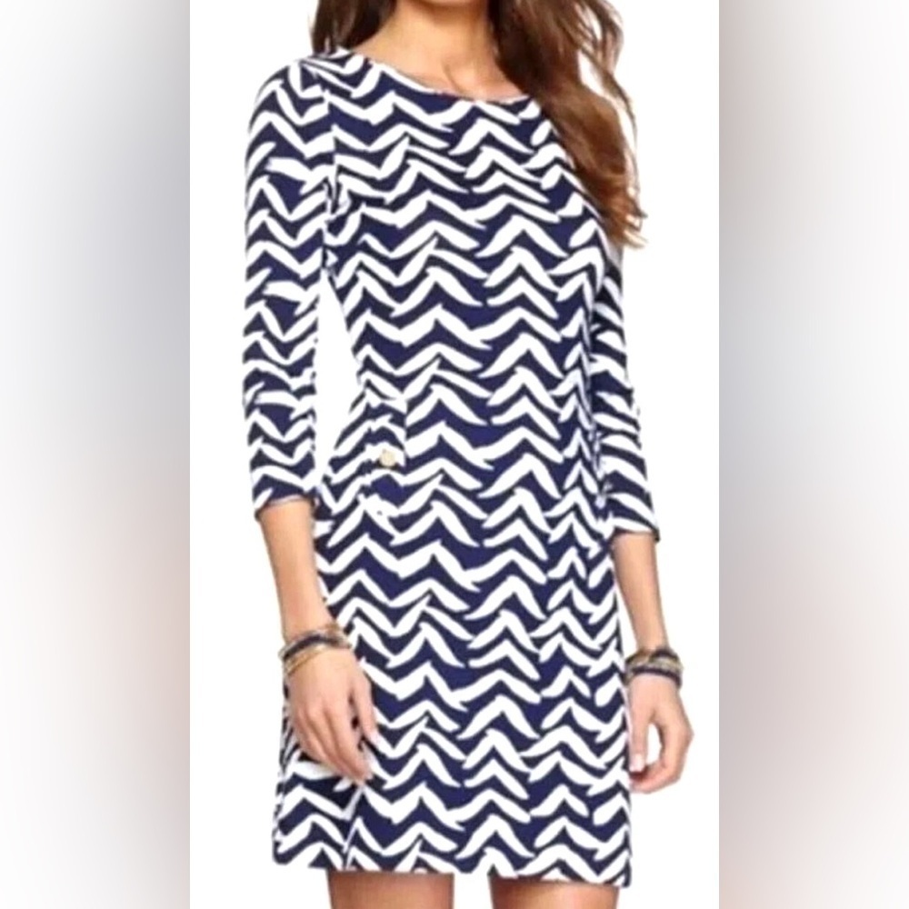 Lilly Pulitzer Navy & White I Got Lucky Bird Charlene Chevron Shift Dress S
